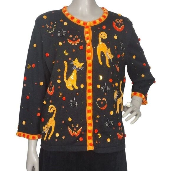 Vintage Jack B Quick Beaded Embroidered Halloween Cats Jack-O'-Lantern Cardigan - Picture 1 of 8